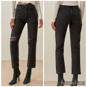 Reformation Cynthia High Rise Straight Jeans Black Destroyed Size 26